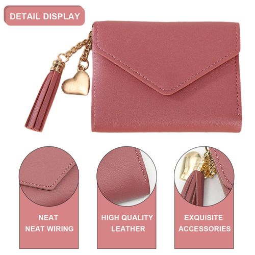 product_image_name-Fashion-Women’s Pink Short Trifold Wallet – Heart Charm, Tassel Accent, Envelope Magnetic Flap-6