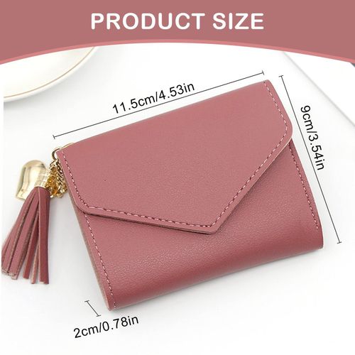 product_image_name-Fashion-Women’s Pink Short Trifold Wallet – Heart Charm, Tassel Accent, Envelope Magnetic Flap-7