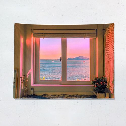 Generic Sea View Window Background Cloth Fresh Bedroom Homestay Decoration  Wall Cloth Tapestry, Size: 150x130cm(Window-3)