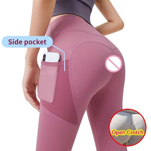 Woman Sexy Open Crotch Yoga Leggings Gym Sport Pocket Hidden