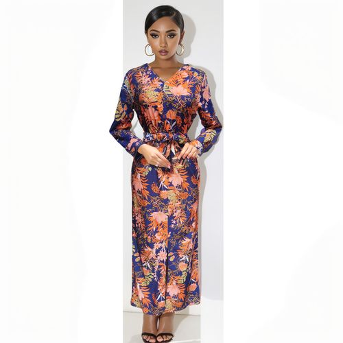 Fashion Women New Style Dresses Fashion Ladies Printed V-neck Summer Long  Skirt Long Sleeves Dress LH311