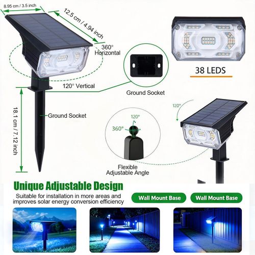 Generic 2PCS Solar Outdoor Spotlights Blue Light Landscape Lights Wall Mounted Ground Stake 3 Brightness Modes - image 5