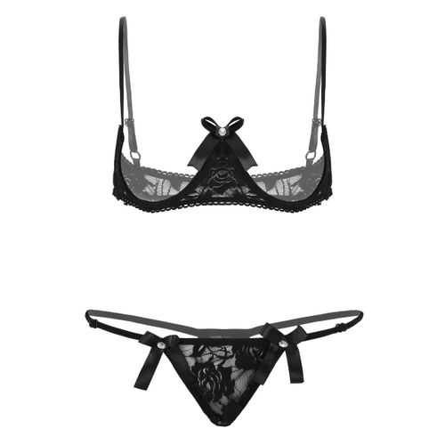 Fashion (Black)Womens Lingerie Set See-Though Lace Quarter Cup Exposed  Breasts Underwired Shelf Bra Wi WSY