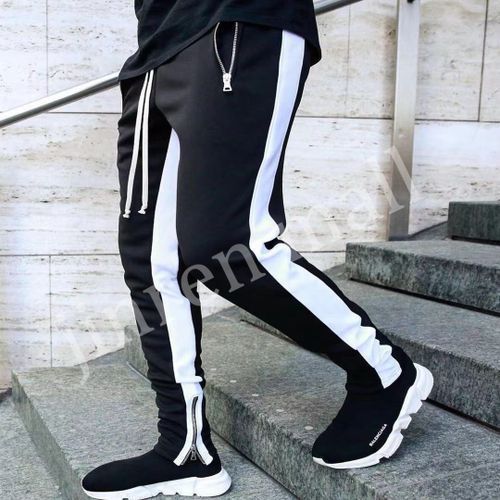 Black joggers with white stripe sale