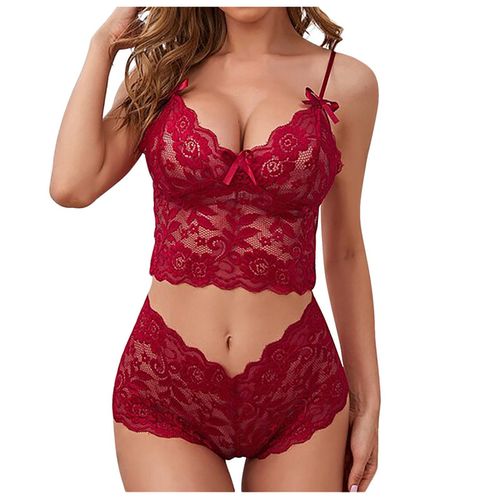 Generic Sexy Sheer Lingerie Underwear Set Women Transparent Lace Bra Set  Vest Camisole Crop Panties Outfits Shorts Sleepwear(#red)