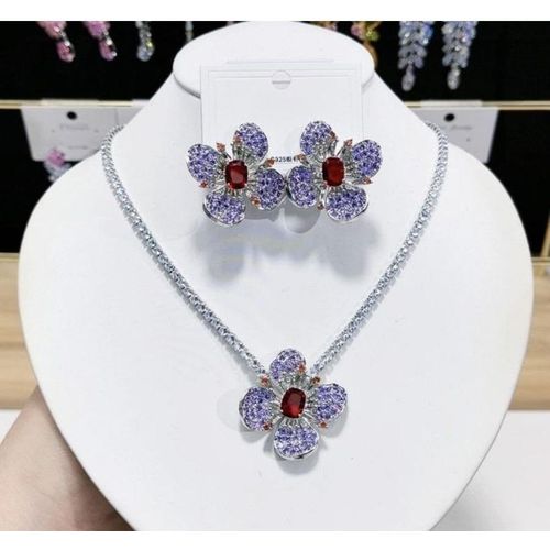 product_image_name-Fashion-Zircon Budding Flower Necklace and Earrings Set-3