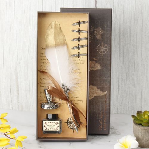 Feather Pen Set: Feather quill, wood pen, metal nibs, and ink