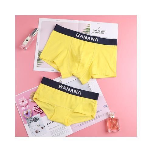 Fashion Couple Underwear Set Cotton Panties Solid Low-Rise Cozy Lingerie  Underwear Men Women's Underpants Intimates Couple Panties Sexy(#QA184-Yellow)