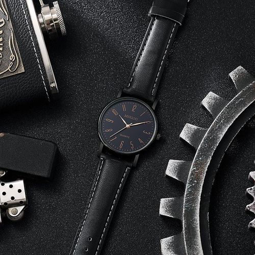 Fashion  Men's Leather Strap Quartz Watch Simple Leisure - Black - image 4