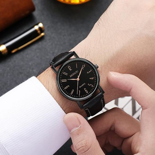 Fashion  Men's Leather Strap Quartz Watch Simple Leisure - Black - image 5