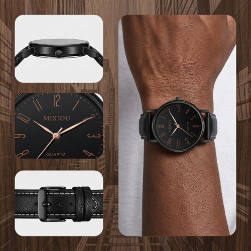 Fashion  Men's Leather Strap Quartz Watch Simple Leisure - Black - image 7