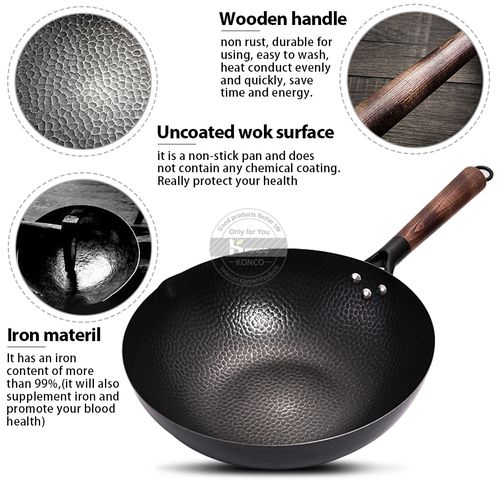 Konco Iron wok Cast iron pan Non-coated Pot General use for Gas and  Induction Cooker 32cm Chinese Wok Cookware Pan Kitchen Tools