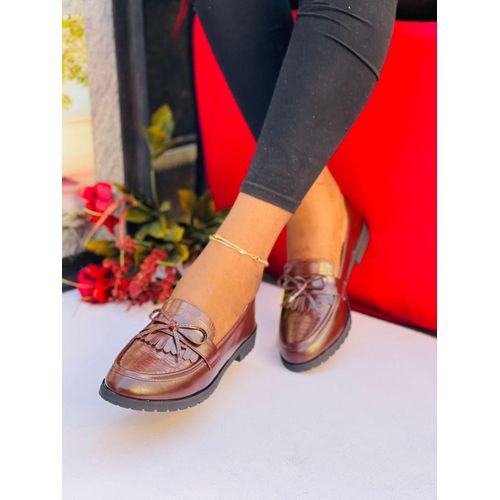 product_image_name-Fashion-Leather Double Tie Female Flat Shoe - Dark Brown-1