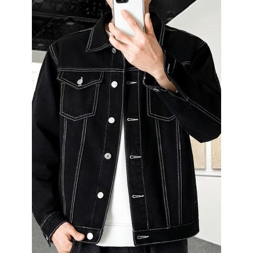 Fashion  Lit Double-edge Contrasts Stitch Jean Jacket-Black - image 3