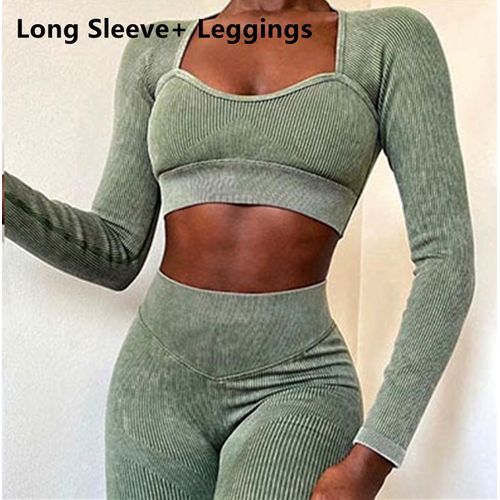 Generic Ribbed Washed Seamless Yoga Set Crop Women Shirt Leggings Two Piece  Outfit Workout Fitness Wear Gym Suit Sport Sets Clothes(#Long Light Green  Set)