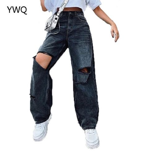 Fashion Ripped Women Jeans Wide Leg Long Cargo Pants Ladies Black ...