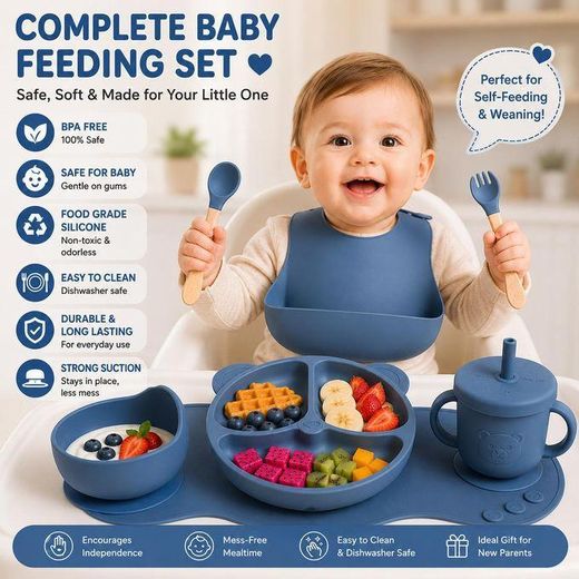 Generic luxurious Baby Silicone Feeding with Set-Plates, Bib, Cup, Spoon, Fork