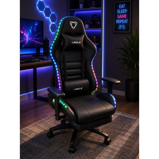 RGB LED Gaming Chair – Ergonomic Adjustable Computer Chair With Lumbar & Headrest Pillow – Black
