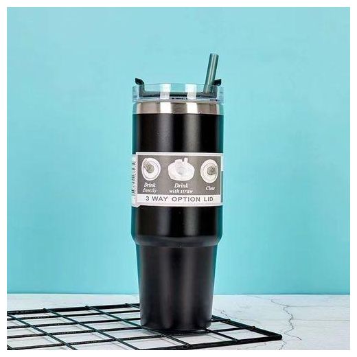 Generic Vacuum Rotary Thermos Coffee Cup 890ML(With Straw) - Black - image 4