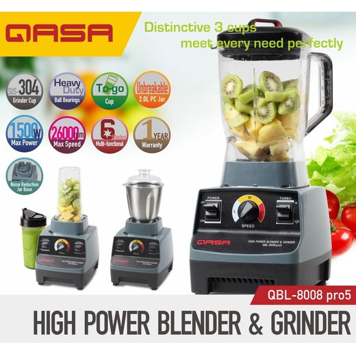 Qasa 1500W MAX HI POWER BLENDER GRINDER 2.0L jar with a 800ml stainless GRINDER and 750ml portable to-go cup QBL-8008 pro5 (40M5) - image 2