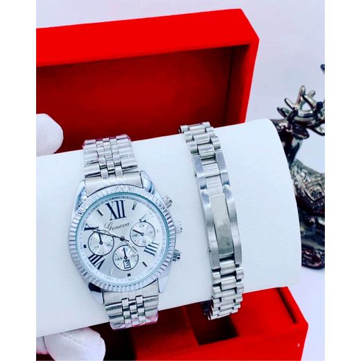 GENEVA First Class & Very Rugged Pure Steel Silver Wristwatch & Wrist Set For Him