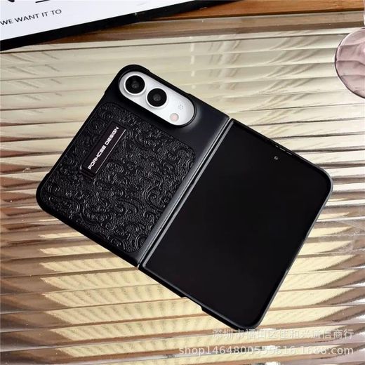 Pouch Case for iPhone Duo Ultra Fold Foldable Phone Case Pouch Embossed Leather Pattern Cover with Plastic Badge Plate Full Wrap Back Cover for iPhone Fold Folding Phone Shell Black