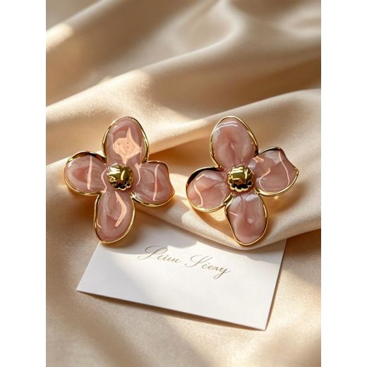 Fashion 1 Pair One-of-a-Kind Pink Gold Flower Earrings, Unique Marbled Texture, Trendy For Summer Trips & Vintage Markets - image 3
