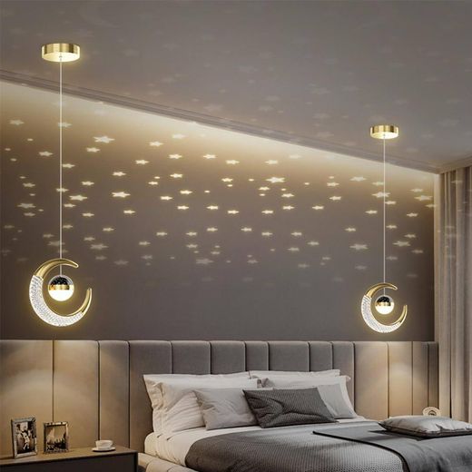 Generic Modern LED Crescent Moon Crystal Pendant Ceiling Light with Star Projection Effect – Luxury Hanging Chandelier for Living Room, Bedroom, Hallway & Home Décor – Warm White LED, Gold Finish - image 3