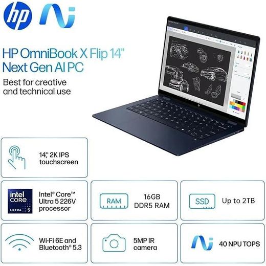 Hp Omnibook X Flip 2 in 1 14’’ 2K Touchscreen Laptop, Convertible Laptop 16GB DDR5 RAM 512GB SSD, Intel Core Ultra 5 226V, Intel Arc GPU, Thunderbolt 4, Windows 11 , - image 3