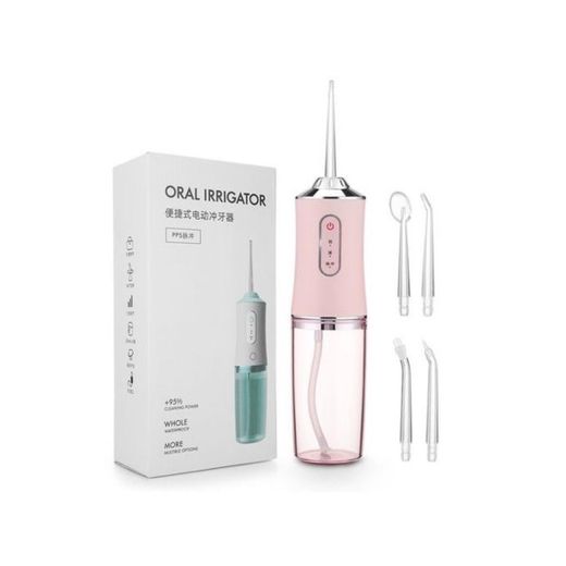 Generic portable electric oral irrigator, also known as a water flosser, packaged with four interchangeable jet tips and a USB charging cable