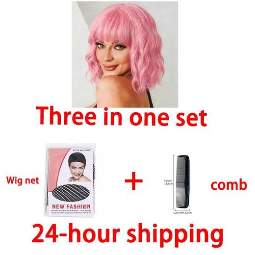 Fashion Pink Short Wavy Bob Wig With Bangs Synthetic Hair Women Party Cosplay Wig 3 In 1 Set With Wig Net Comb - image 2