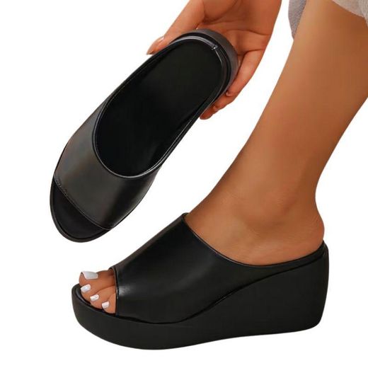Fashion Women’s Synthetic Leather Open-Toe Platform Wedge Sandals – Black