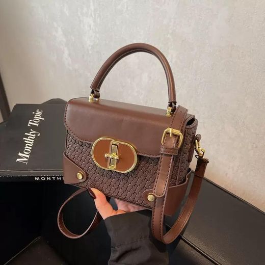 Fashion Vintage structured dual textured top-handle crossbody bag that blends aesthetically with modern style, with Tonal Hardware- coffee brown - image 2