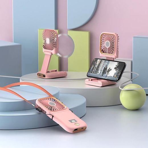 Generic Folding 3-in-1  Power Bank  LED Display  Rechargeable Stent 3-Speed Hand Held/Neck/Desk Digital Display 3000mAh Hand Fan  Pink