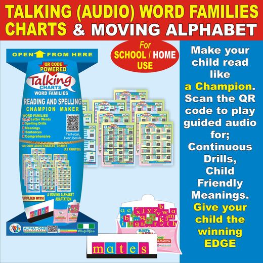 Generic READING & SPELLING CHAMPION KIT FOR KIDS-- QR Code Audio + Word Family Charts for Daily Practice