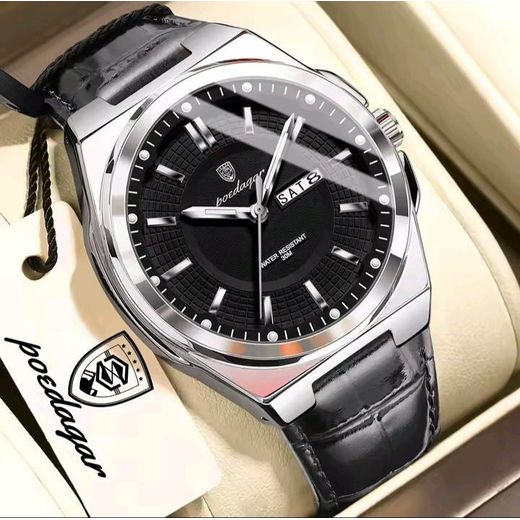 POEDAGAR Luxury Men’s Leather Wristwatch, Waterproof Quartz Watch with Day & Date Display,Grey,Silver & black faceStainless Steel Design - image 2
