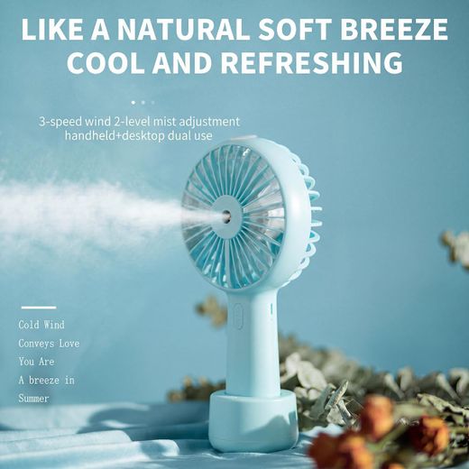 Generic Portable Handheld Misting Fan Rechargeable Mini Fan With Water Spray 3 Speed 7 Blade Cooling Fan USB Fan With Desktop Base, Blue