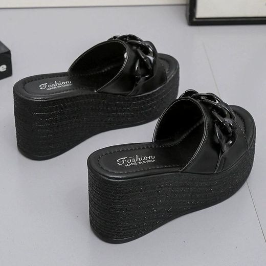 Fashion Comfortable Wedge  Heels Slippers/Sandals With Inter-Lock Chain-Black - image 4