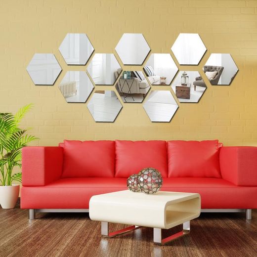 Generic 12Pcs 10cm Hexagonal 3D Acrylic Mirror Wall Stickers - Self Adhesive DIY Wall Decor for Living Room Bedroom Home
