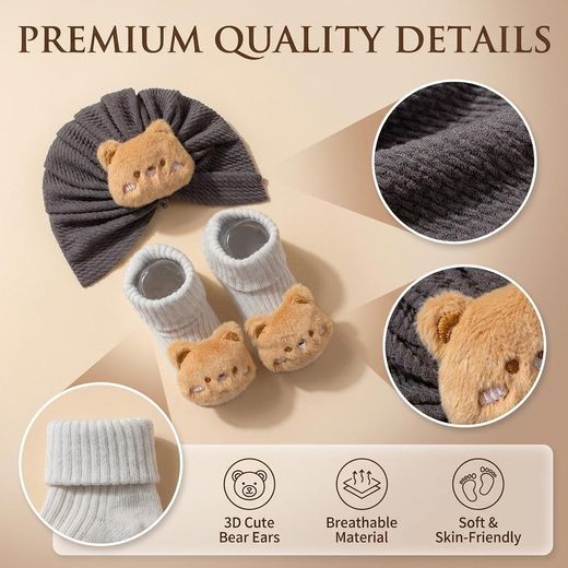 Fashion Kids Hat and Socks Set 2 In 1  Newborn Turban & Socks Cute Bear Decoration Baby Turbans Socks  (0-3 Yrs) - image 4