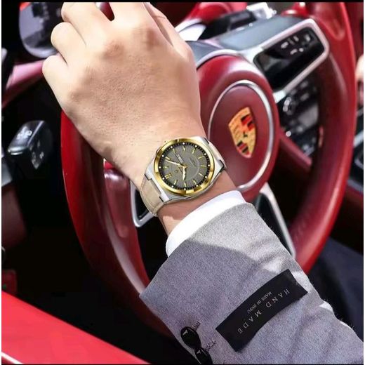 POEDAGAR Luxury Men’s Leather Wristwatch, Waterproof Quartz Watch with Day & Date Display, Gold & Silver Stainless Steel Design - image 3
