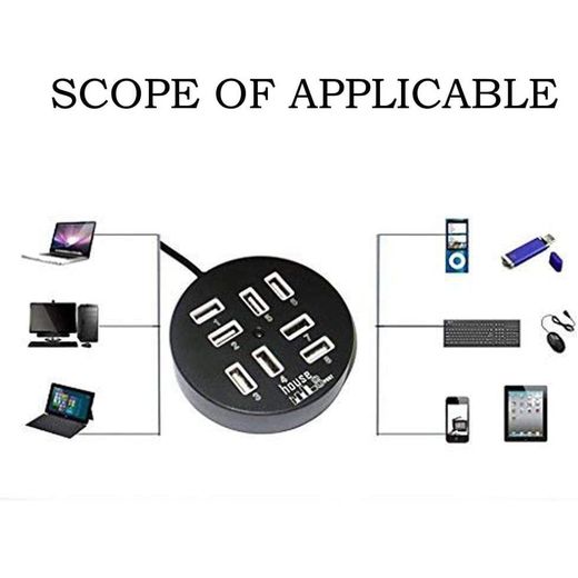 USB 8 Ports Box Multi Data Transmission USB 2.0 Hub Round Shape Multi-Port Splitter Charger Adapter Replacement with LED for USB Devices, Phone, USB Flash Disk, PC, Tablet