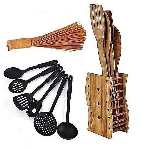 Non Stick Spoon Set, Wooden Spoons Set & Wooden Ewedu/Draw Meshing Broom