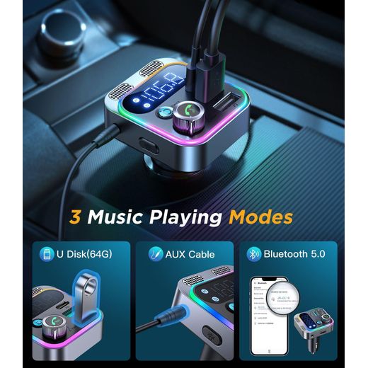 Generic Enhanced  RGB HIFI Hands-free Car Charger FM Transmitter Bluetooth and Aux Car Audio MP3 Player Fast Charger Car Kit - image 4