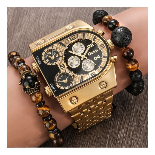 Oulm Never Fading Original Quality 3in1 Engine Gold Wrist Watch + Sophisticated Bracelet For Sexy Men