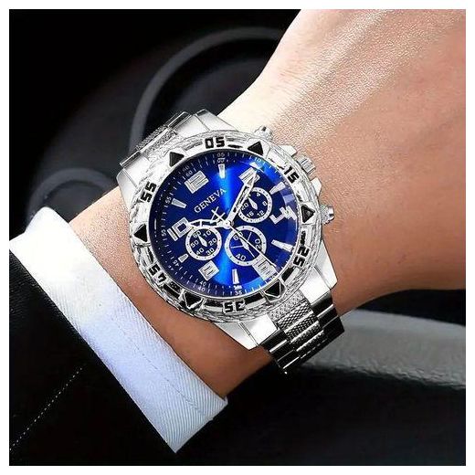 GENEVA Large dial Men's watch with steel strap, fashionable business style, white glass, digital quartz watch