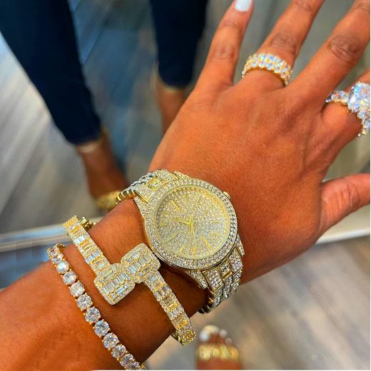 Keep Moving Alluring & Super Charming Ice Studded Classic Ladies Wrist Watch + Very Icy Rings &Lovely Bracelets