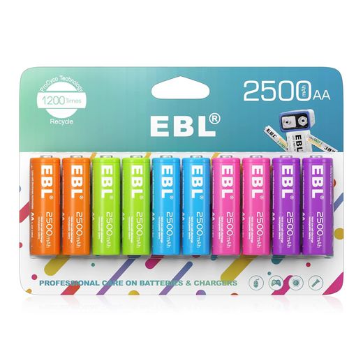 Ebl 10Pcs Rainbow Colorful AA Batteries 1.2V 2500mAh