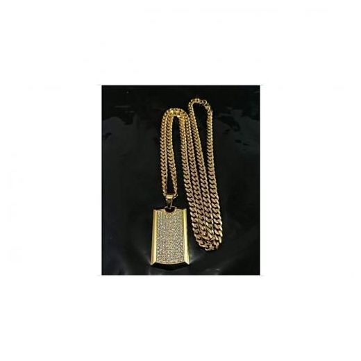 Gold Cuban Link Chain With Iced Tag Pendant