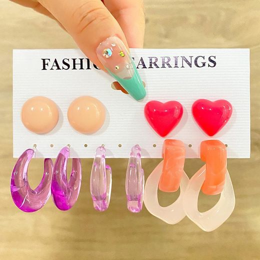 Fashion Beautiful Colorful Heart Acrylic Earrings Set For Women -5 Pairs